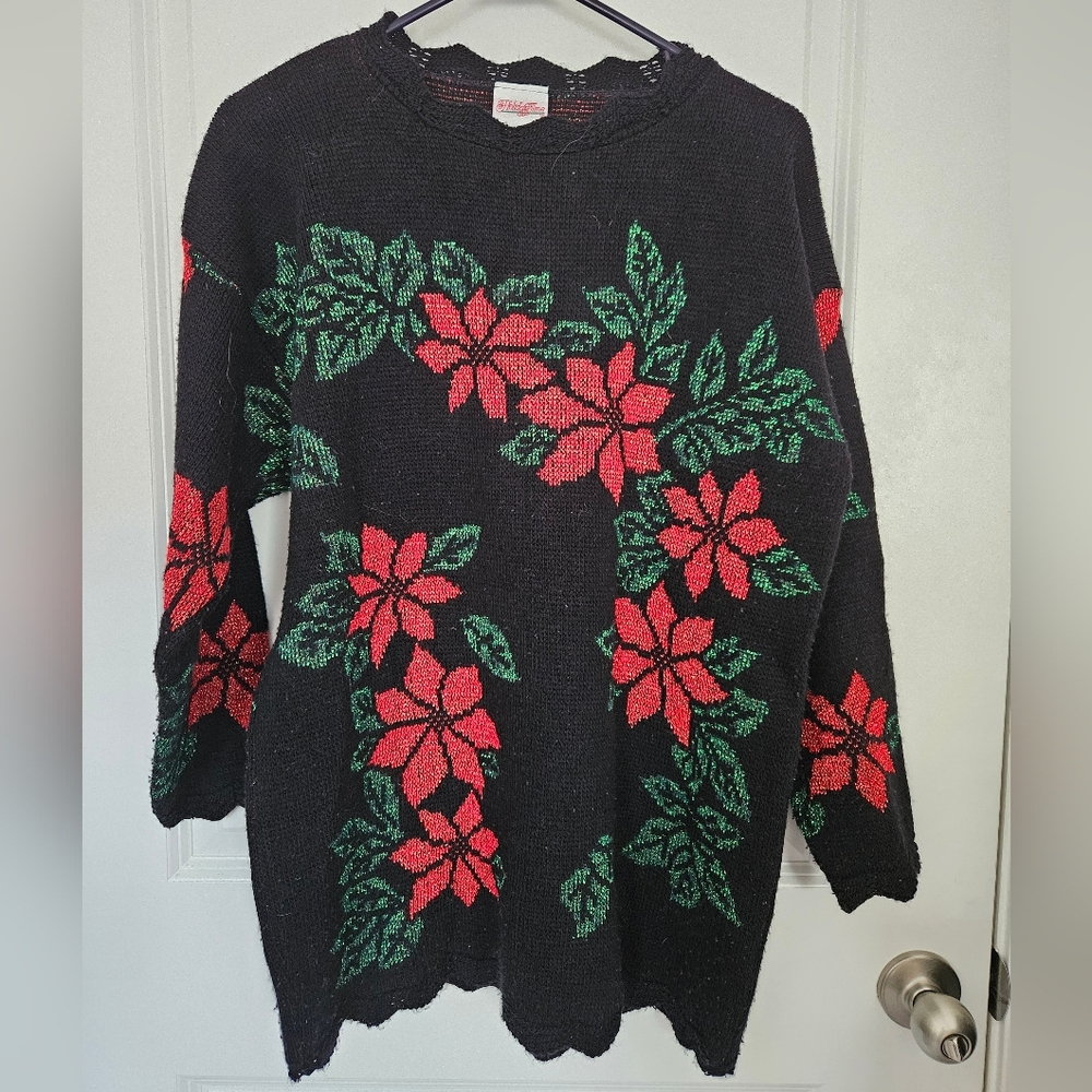 Vintage Holiday Time Black Sweater with Red and Green Floral Design - Medium
